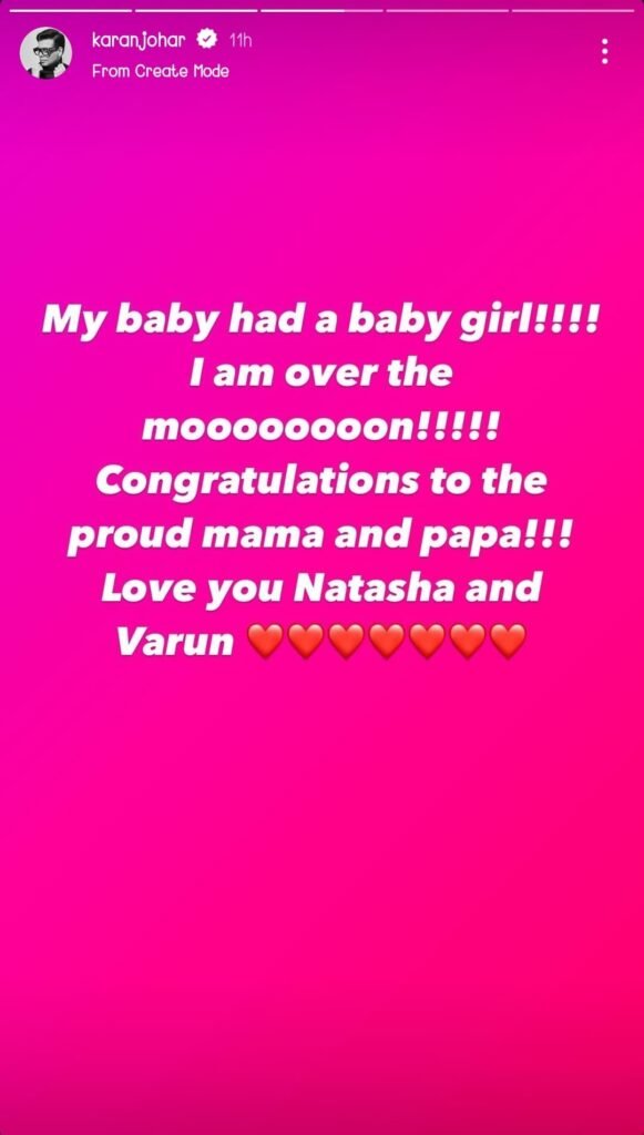 Karan Johar's Instagram Post on Varun and Natasha's new baby girl